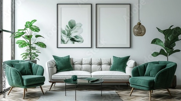 Fototapeta modern living room with sofa,White sofa and chair with green pillows against white wall with two posters, frames. Art deco classic interior design of modern living room