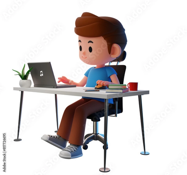 Fototapeta PNG transparent 3D render illustration of male, boy teenager working, using computer on desk with books, a cup of coffee, and plant pot , work from home concept