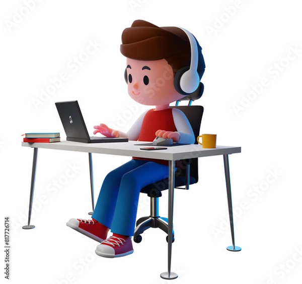 Fototapeta PNG transparent 3D render illustration of male, boy teenager wearing headphone working, using computer on desk with books, a cup of coffee, and plant pot , work from home concept
