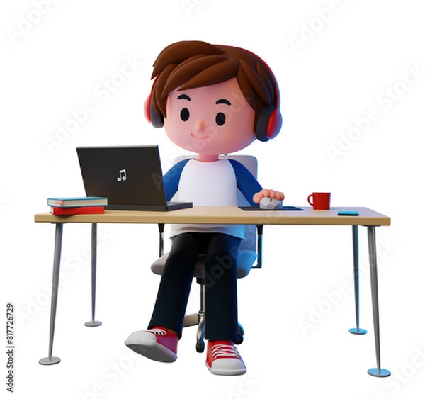 Fototapeta PNG transparent 3D render illustration of male, boy teenager wearing headphone working, using computer on desk with books, a cup of coffee, and plant pot , work from home concept