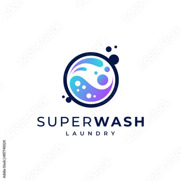 Fototapeta colorful and shiny water splashes and soap bubbles in washing machine for laundry logo