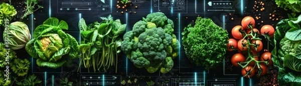 Fototapeta Smart agriculture concept with a digital interface showcasing nutrient profiles of various vegetables, perfect for modern farming solutions