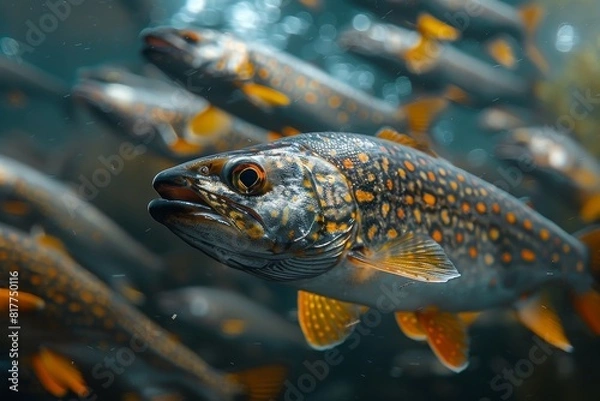 Fototapeta Pike fish lurking in murky waters, depicting freshwater predators. 
