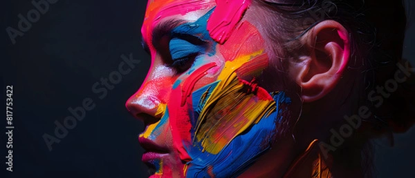 Fototapeta A breathtaking fashion photo shoot featuring makeup that converts the model's face into a vivid masterpiece of striking colors and geometric shapes.