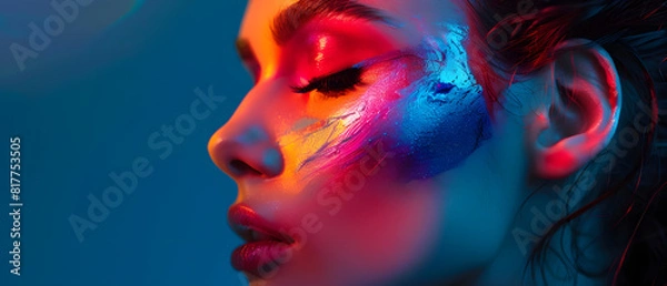 Fototapeta A striking fashion photo shoot demonstrating makeup that morphs the model's face into a vivid array of colorful and geometric patterns.