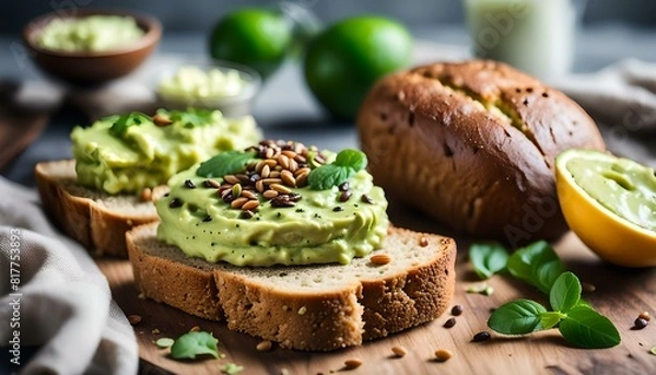 Fototapeta Whole wheat bread with avocado butter, seeds and pepper, with herbs and little juice from lime
