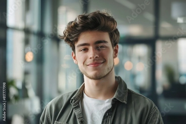 Fototapeta Serious Yet Smiling 23-Year-Old Man in Professional Waist-Up Portrait with Blurred Office Windows Background, Works at Ad Agency