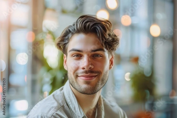 Fototapeta Serious 23-Year-Old Man Smiling Professionally in Waist-Up Portrait, Blurred Office Windows Background, Works in Ad Agency