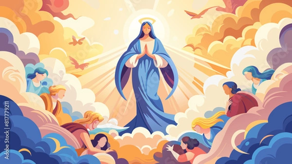 Fototapeta Ethereal Divine Madonna Surrounded by Celestial Angels in Heavenly Illustration. Assumption of the Blessed Virgin Mary