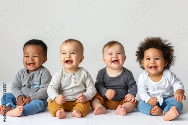 Obraz A group of four babies are sitting together and smiling. Multiracial group of toddlers, kids diversity