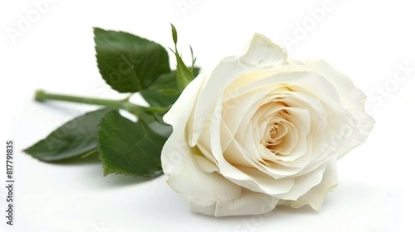 Fototapeta A single white Rose lying down on a white background, Family Rose Avalanche