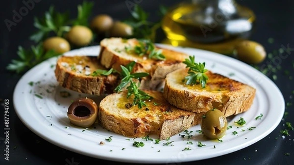 Fototapeta Exquisite Bread Toasts Served on a White Plate with Green Herbs and Olives, Drizzled, Generative AI