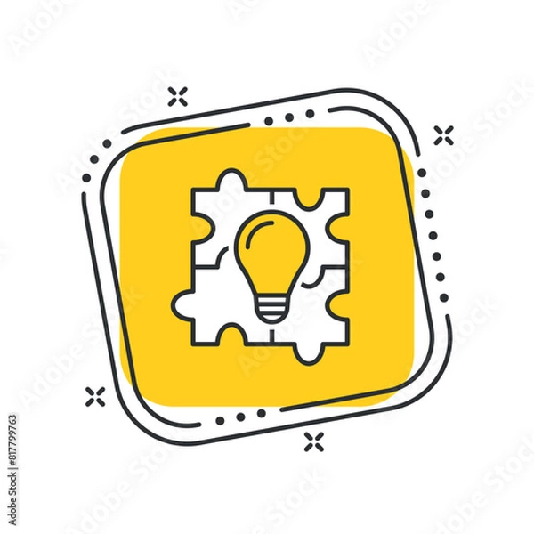Obraz Cartoon bulb with puzzle icon vector illustration. Lightbulb on isolated yellow square background. Jigsaw sign concept.