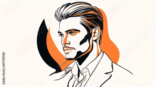 Fototapeta Prominent Minimalistic Portrait of a Handsome Man Capturing Masculine Beauty with Clean Lines and Vibrant Detailing on an Orange, Lack and White Background