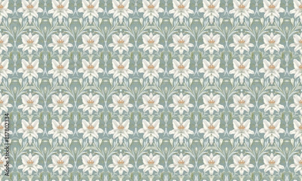 Fototapeta white lilies background, elegant pattern, flower texture, white and green