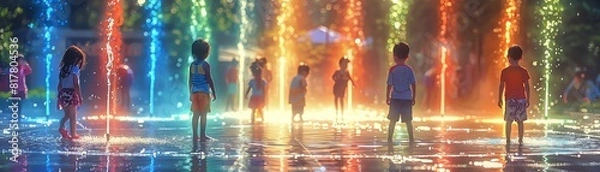 Fototapeta Children playing in a splash pad with colorful fountains and water jets, Playful, Bright and Cheerful, Digital Illustration