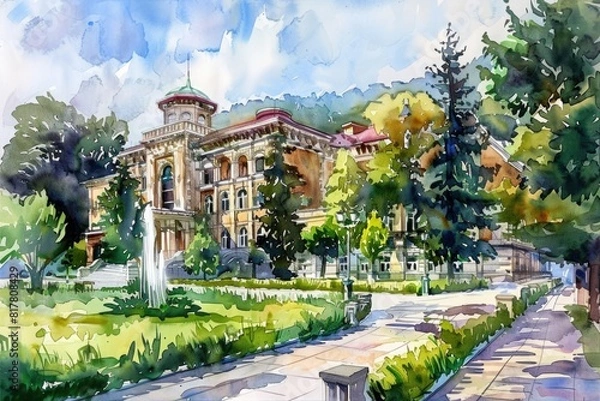 Fototapeta A beautiful watercolor painting of a building in a park. Suitable for various design projects