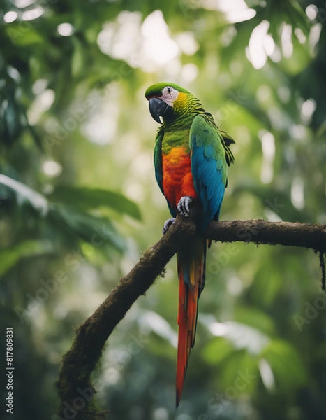Fototapeta portrait of A vibrant parrot perched amidst the dense rainforest, echoing calls of the wild
