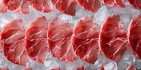 Fototapeta close up of raw meat slices arranged in rows on an ice plate, generative AI