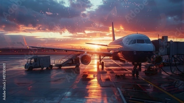 Fototapeta Airplane at sunrise in the terminal gate ready for takeoff - Waiting for the flight. Travel around the world
