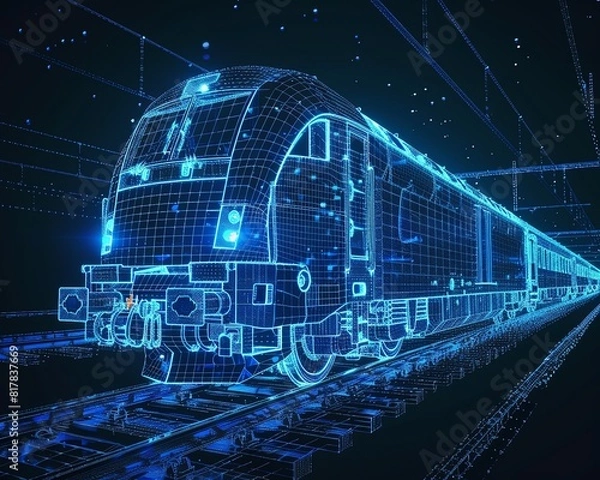 Obraz A digital illustration of a high-speed train. The train is blue and made of glowing lines. It is traveling through a dark blue tunnel.