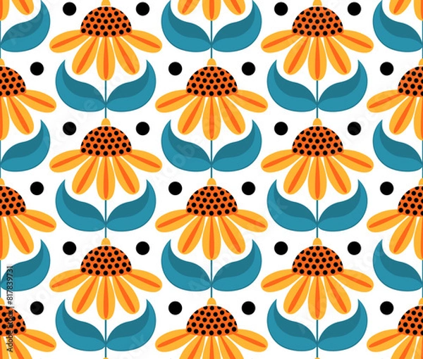 Fototapeta retro vintage seamless pattern with coneflowers in yellow and dusty blue colors, vector illustration endless repeat texture