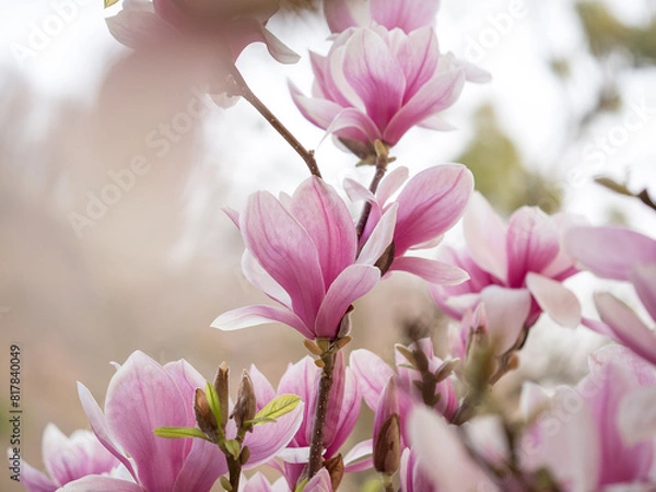 Fototapeta Stunning array of pink magnolia blossoms with delicate petals basking in the warm sunlight