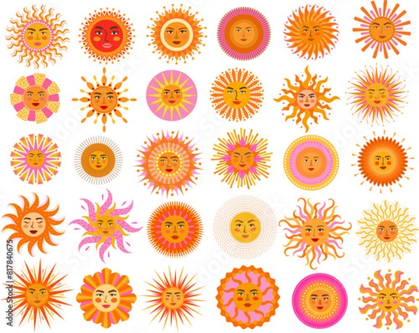 Fototapeta boho sun medallions, bohemian solar sunny faces, celestial soleil sol mandalas in warm yellow pink orange reds colors, vector illustration graphic design collection