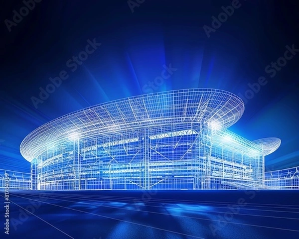 Fototapeta Create a detailed technical drawing of a futuristic stadium using SketchUp. The stadium should have a capacity of 100,000 people and feature a retractable roof.