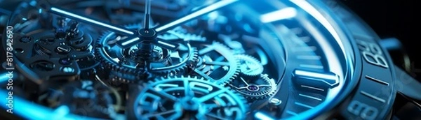 Fototapeta A close up of a mechanical watch movement with blue light.