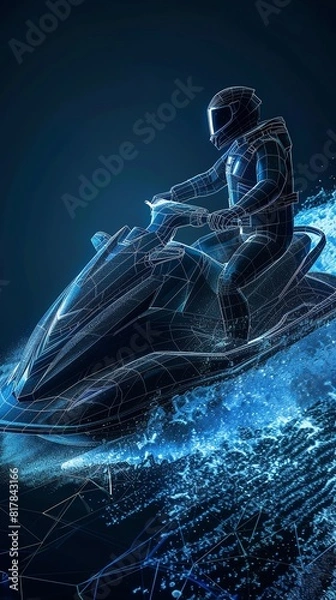 Fototapeta A digital wireframe illustration of a man riding a jet ski.