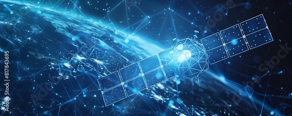 Fototapeta A satellite in space with a glowing blue globe in the background. The satellite is surrounded by a network of glowing blue lines.