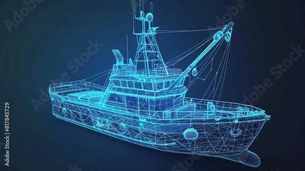 Fototapeta A digital wireframe of a fishing boat.