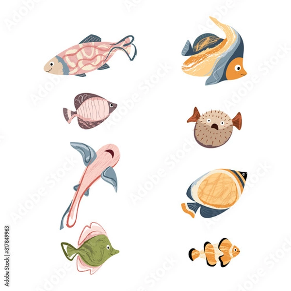 Fototapeta Beautiful tropical sea fish. Fish template for logo, print, notepad, poster, banner. Vector illustration in modern flat style.