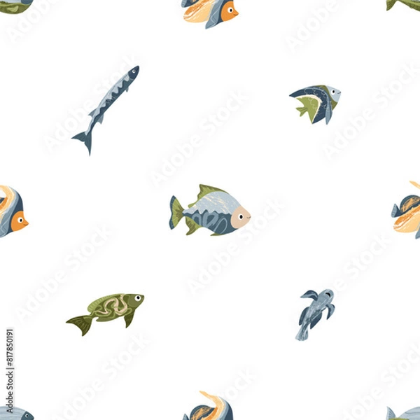 Fototapeta Beautiful sea fish, sea world. Seamless pattern for prints. Vector illustration in flat modern style.