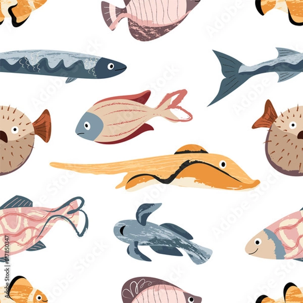 Fototapeta Beautiful sea fish, sea world. Seamless pattern for prints. Vector illustration in flat modern style.