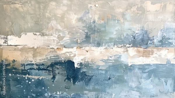 Fototapeta Modern abstract painting with textured layers of paint and mixed media in a calming palette of blues and neutrals creating a serene and sophisticated ambiance