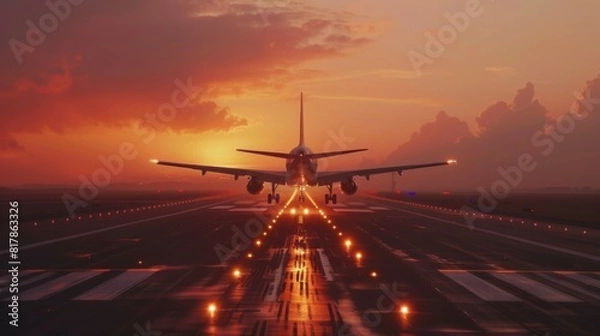 Fototapeta Passenger airplane landing at sunset on a runway