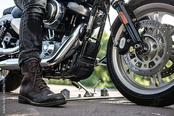 Fototapeta Close-up of a biker's boot next to a motorcycle wheel, showcasing detailed textures of the leather boot and chrome parts of the motorcycle under sunlight.