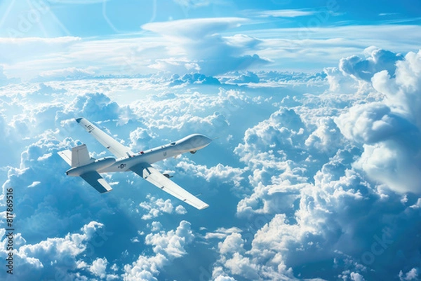 Fototapeta A drone hovers in the sky high above the thick clouds, capturing a birds eye view of the world below