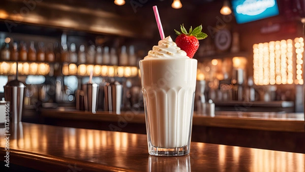Fototapeta a strawberry drink with a straw in it sits on a bar.