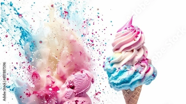Fototapeta Ice cream scoop ball with fruits toppings on white background cutout. Delicious ice cream isolated on white background.