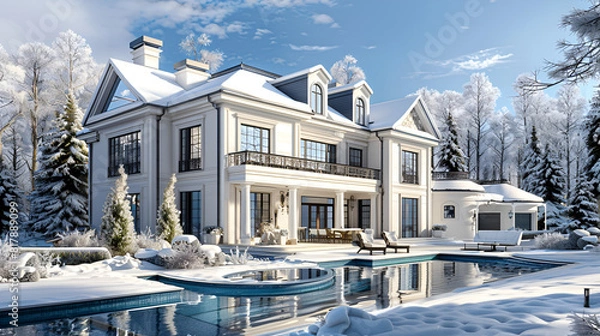 Fototapeta Beautiful house with snow with winter landscape in background with swimming pool in front of house