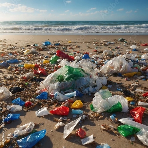 Fototapeta Environmental pollution on a public beach. Representation of sea pollution Generative AI.