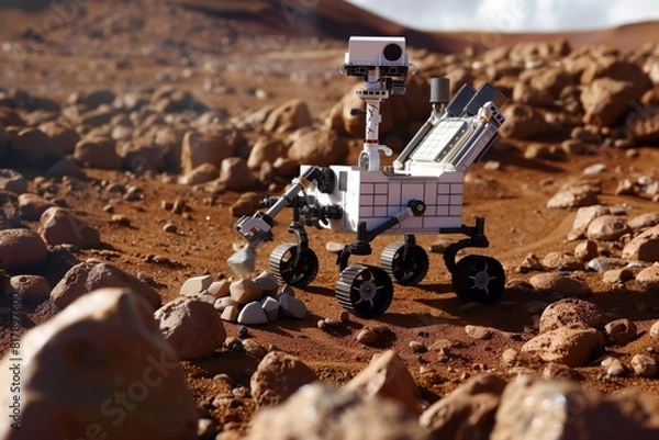 Obraz A space exploration rover navigates a rocky, Mars-like terrain, investigating the surface with its robotic arm. It stands amidst scattered rocks and reddish soil.