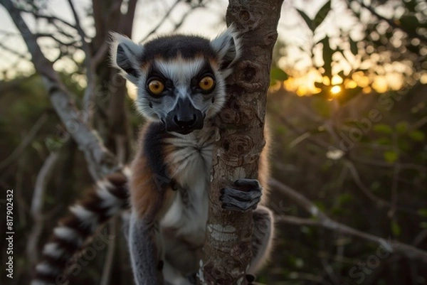 Fototapeta Close-up of a ring-tailed lemur clinging to a tree with a sunset in the background in a forested area.