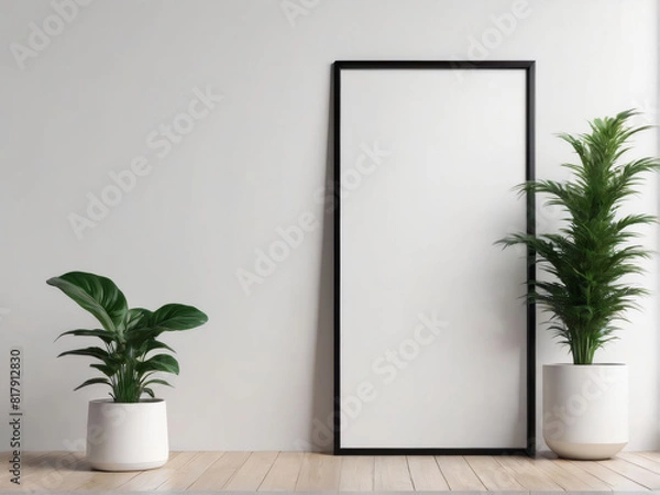 Fototapeta A minimalist mockup featuring a black vertical frame with a blank white card, a potted plant beside it, and the frame leaning against a white wall on the floor.