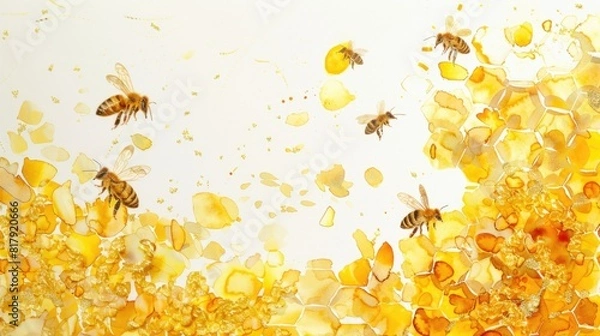Fototapeta a watercolor yellow floral honeycomb frame adorned with bees and lush green leaves, set against a pristine white background, with ample space, offering a perfect canvas for creativity.