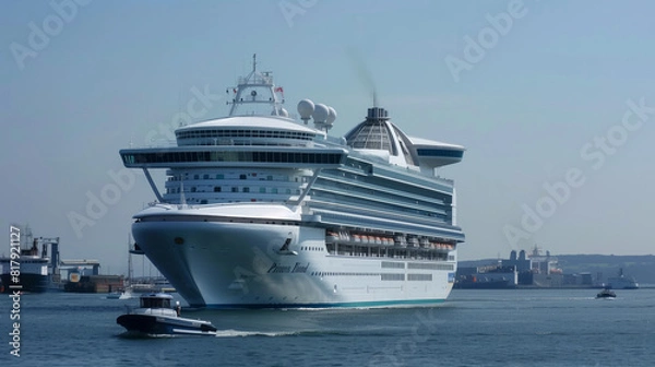 Obraz The large cruise ship is sailing in the sea, with white paint and blue glass windows on its side