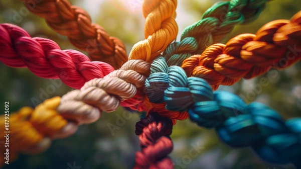 Fototapeta Team rope diverse strength connect partnership together teamwork unity communicate support. Strong diverse network rope team concept integrate braid color background cooperation empower power.